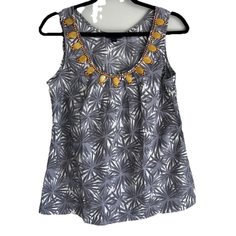 Boden Women’s Grey Print sleeveless summer Tank Embellished Yellow Beads Size 10